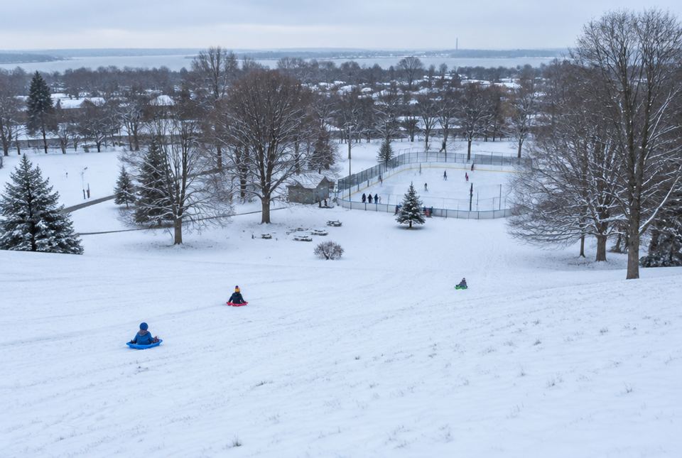 Children slide down a snowy hill on sleds, with an outdoor skating rink in the distance.