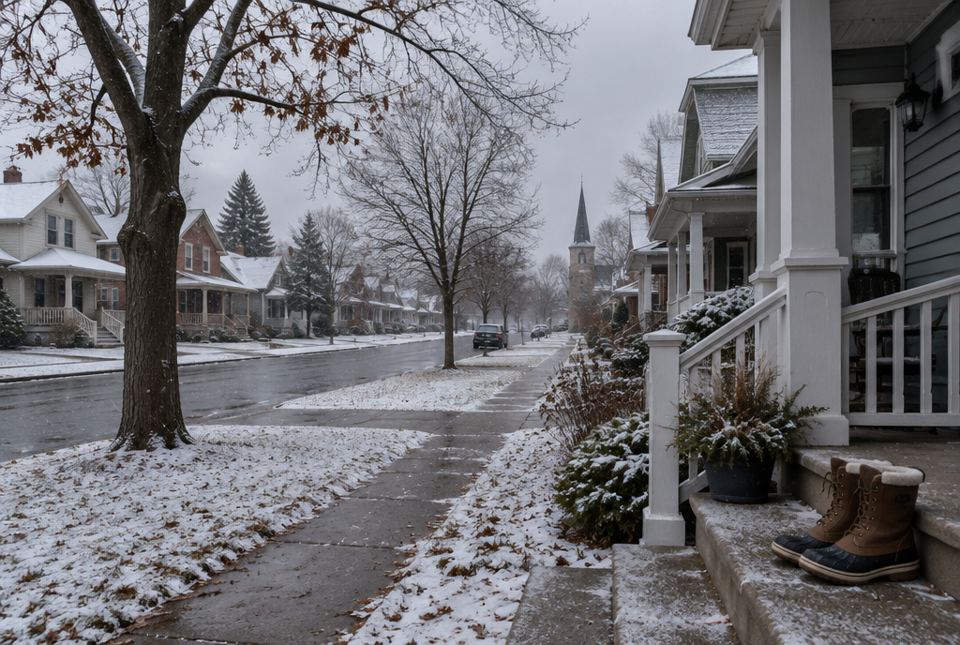 A quiet snowy street with houses, and a pair of winter boots ready on a front step.