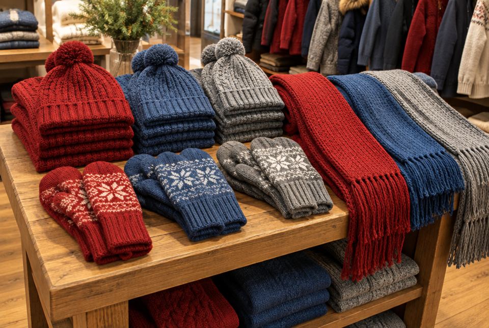 Knitted toques, mittens and scarves are stacked on a wooden table in a store.