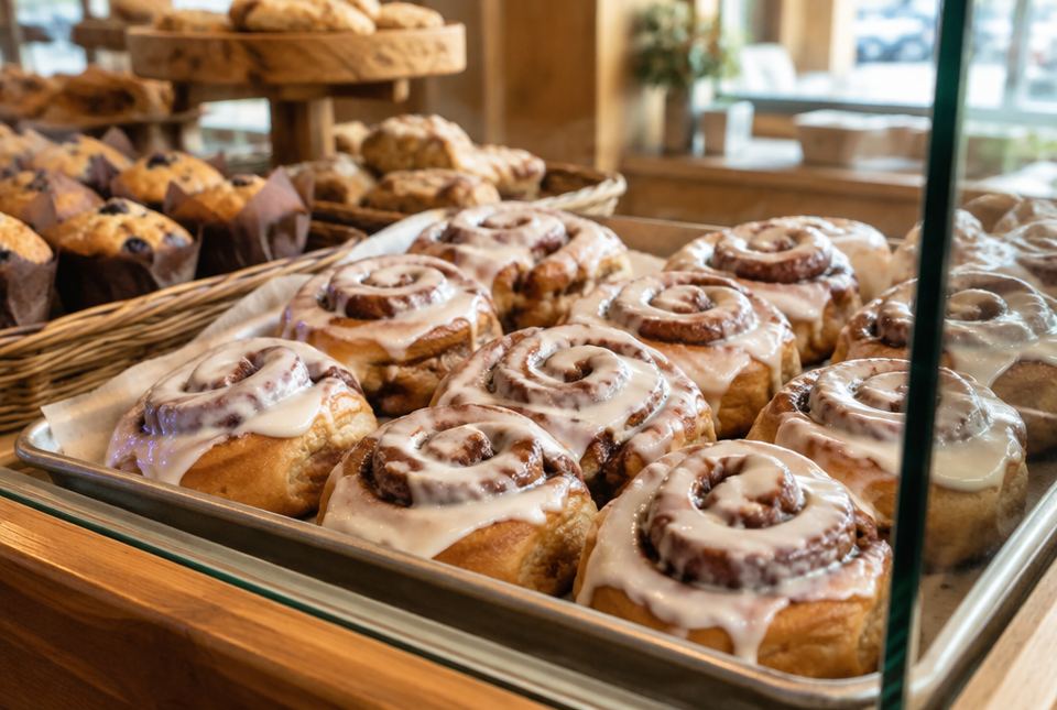A tray of iced cinnamon buns in a bakery display case.