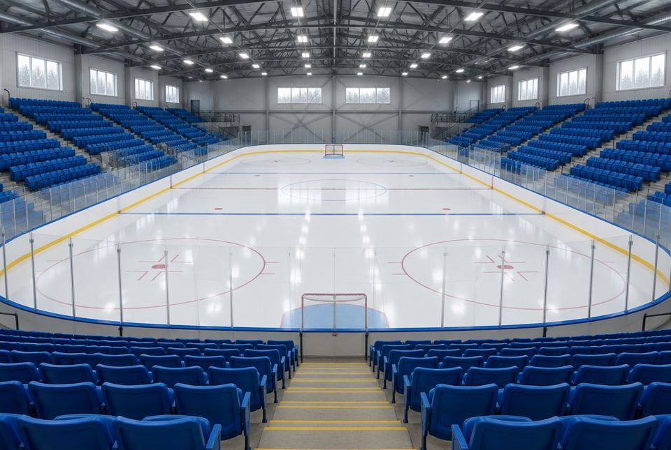 An empty indoor hockey arena with rows of blue seats around the ice.