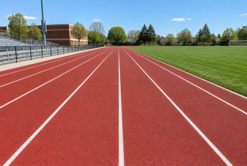 A red running track with white lane lines beside a grass field at a school.