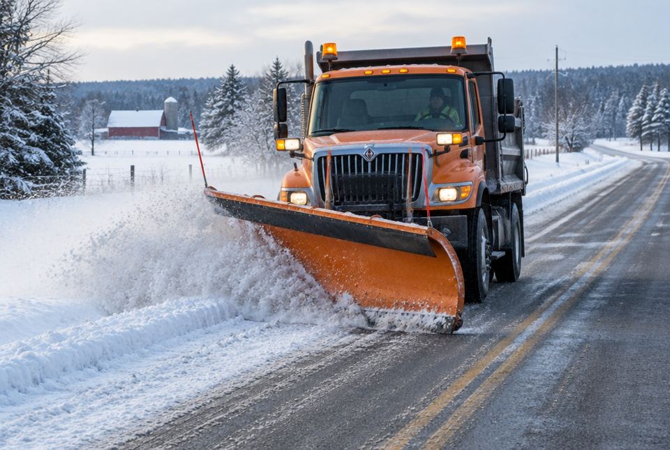 An orange snowplow pushes snow off a country road past snowy farm fields.