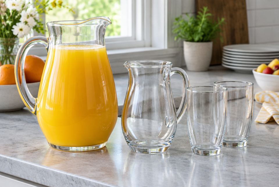 A large glass pitcher of orange juice beside a small empty pitcher and two empty glasses on a counter.