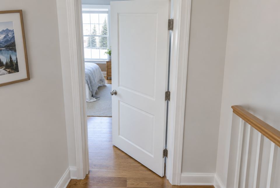 A white bedroom door stands partly open in a hallway.