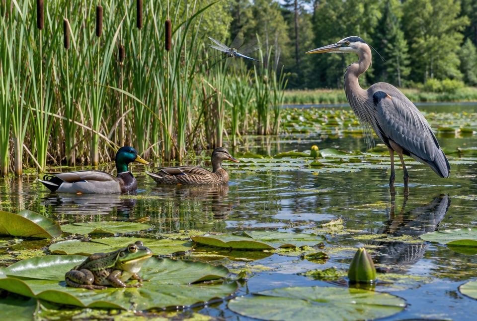 A pond with a great blue heron, two mallard ducks, a green frog on a lily pad, a dragonfly and cattails.
