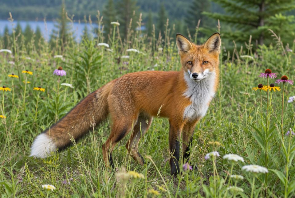 A red fox with a white chest and white-tipped tail standing in a meadow of wildflowers.