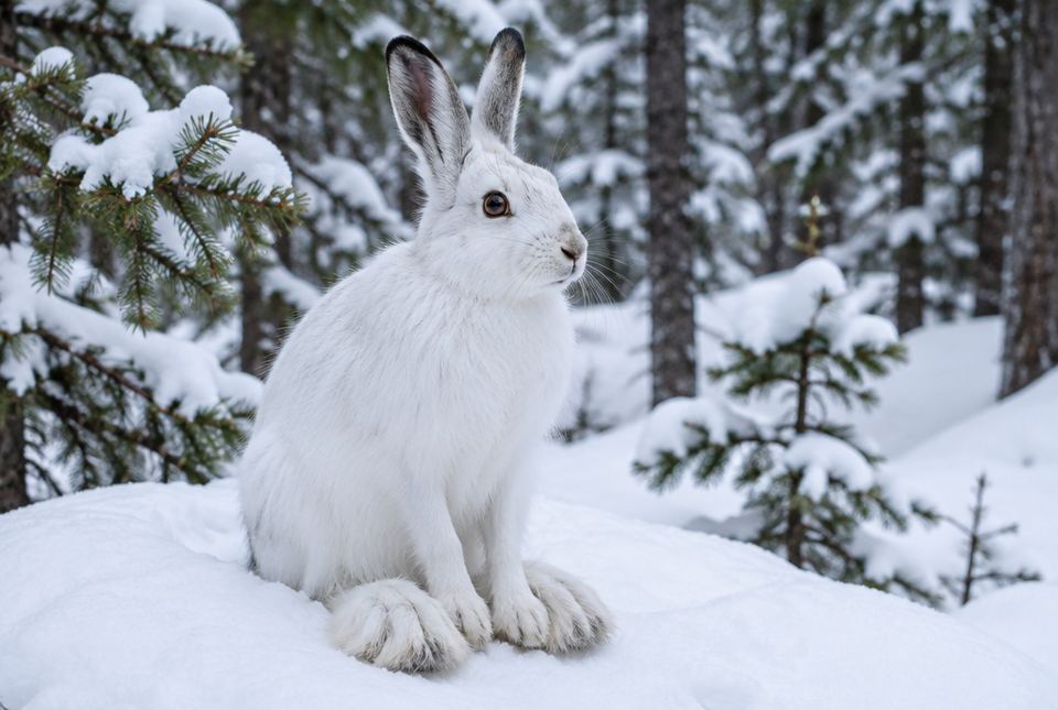 A white snowshoe hare sitting on snow in a winter forest, showing its large furry back feet.