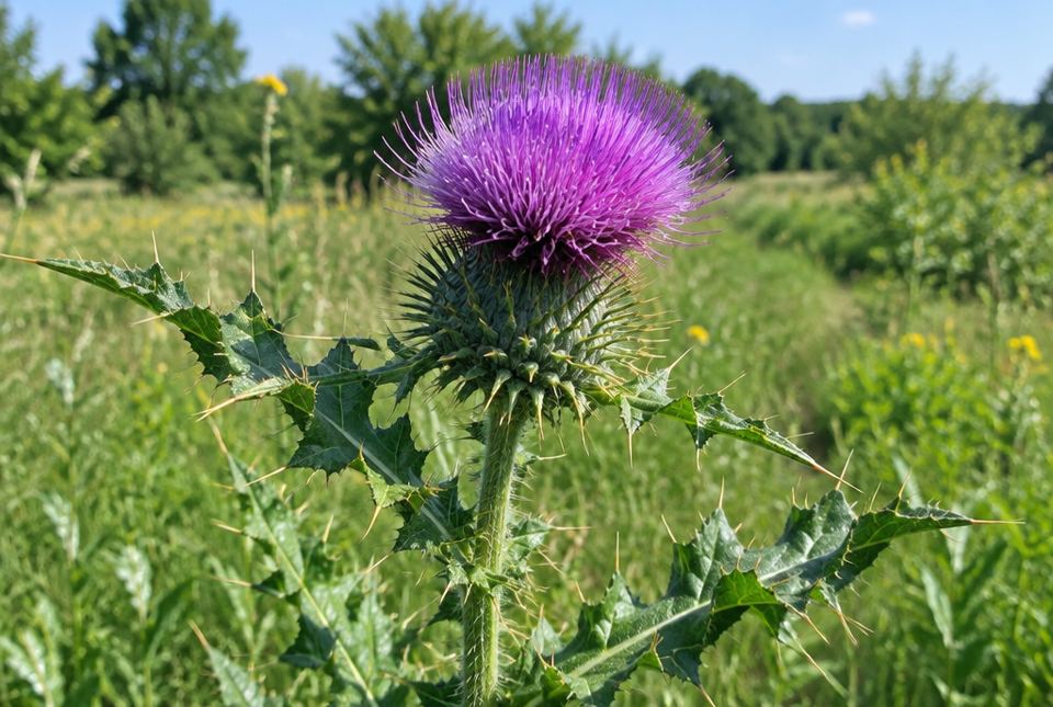 A thistle plant with a purple flower head and leaves covered in sharp spines in a meadow.