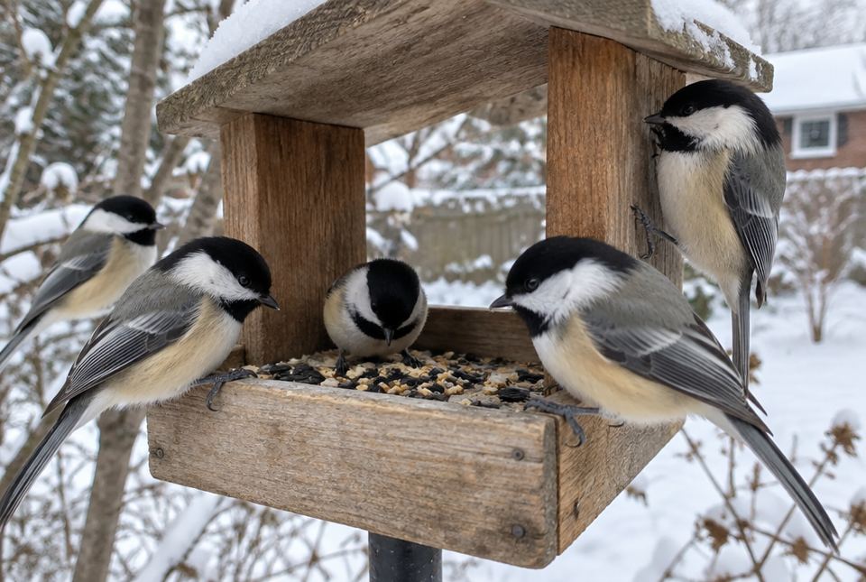Five black-capped chickadees crowd around a wooden bird feeder full of seeds in a snowy backyard.
