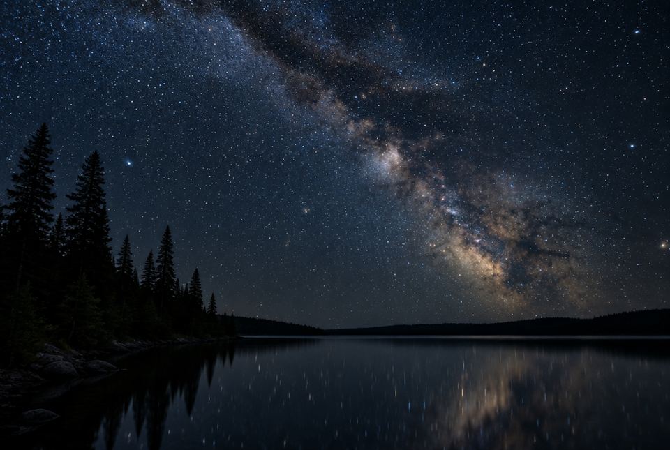 The Milky Way and thousands of stars shine over a dark lake and forest far from any city.