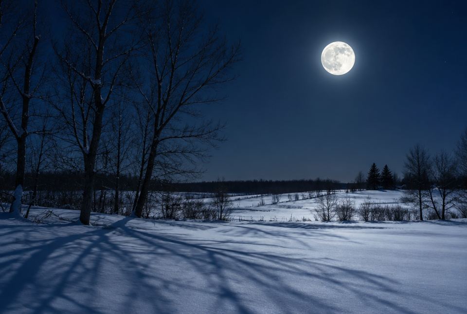 A bright full Moon shines over a snowy field at night, and the trees cast long shadows on the snow.