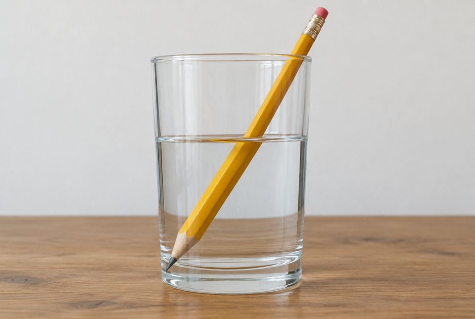 A yellow pencil leaning in a glass half full of water, seen from the side.