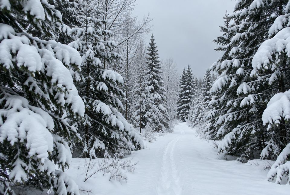 A trail through a forest of spruce trees covered in thick fresh snow.