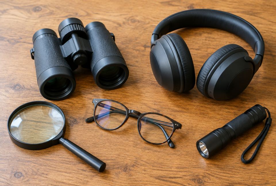 Binoculars, headphones, a magnifying glass, eyeglasses and a flashlight lying on a wooden table.