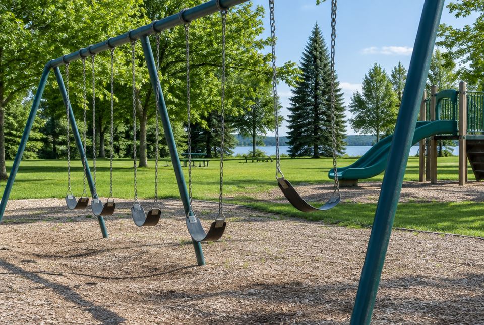 Empty swings hanging on chains from a metal frame in a park beside a lake.
