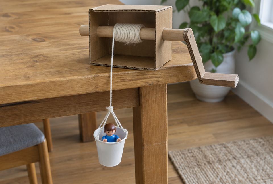 A homemade cardboard winch with a wooden dowel and crank handle lifts a toy figure in a small cup up to a table.