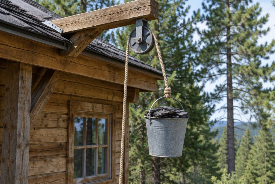 A metal bucket of roof shingles hangs from a rope that runs over a pulley fixed to a wooden beam on a cabin.