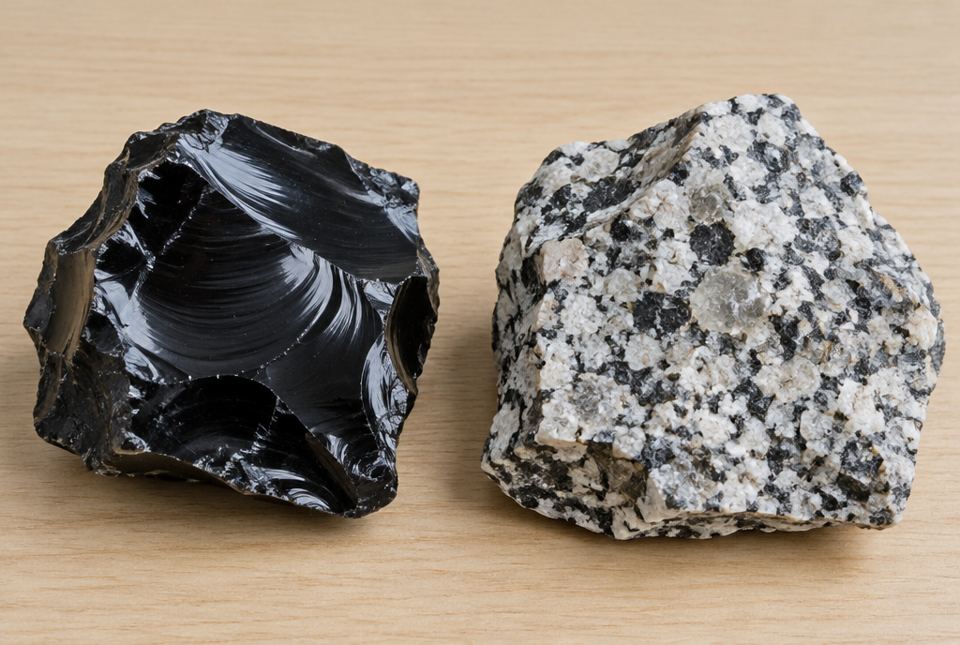 A piece of shiny black obsidian next to a speckled piece of granite on a wooden table.