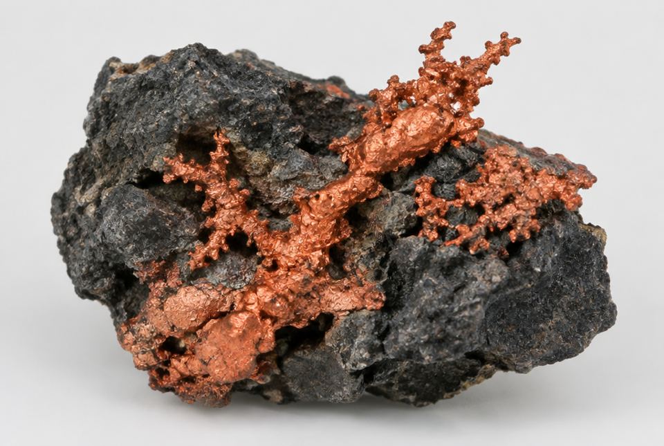 A piece of dark rock with branching, bright orange-brown native copper on its surface.