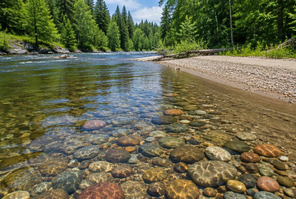 Clear river water flowing over rounded, colourful pebbles, with a gravel bar and forest along the banks.