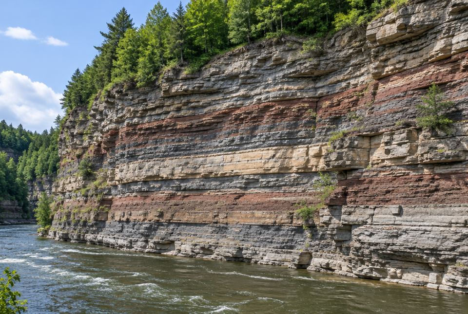 A tall cliff beside a river with horizontal stripes of grey, tan and reddish rock layers.