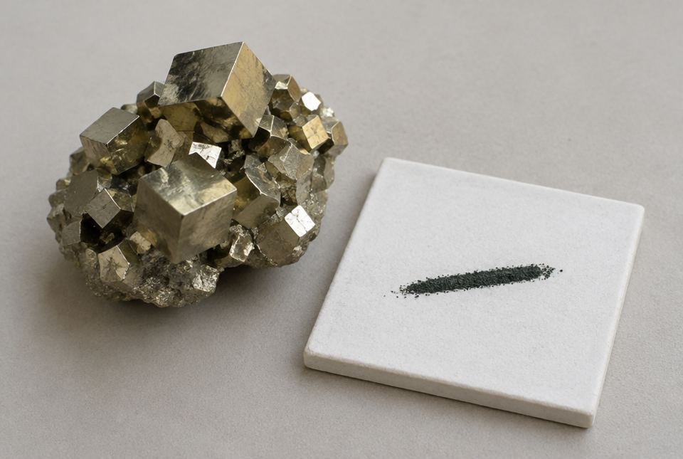 A cluster of gold-coloured, cube-shaped pyrite crystals next to a white streak tile with a dark greenish-black streak.