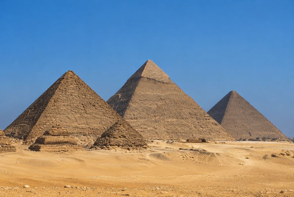 Three large stone pyramids standing on golden desert sand under a clear blue sky.