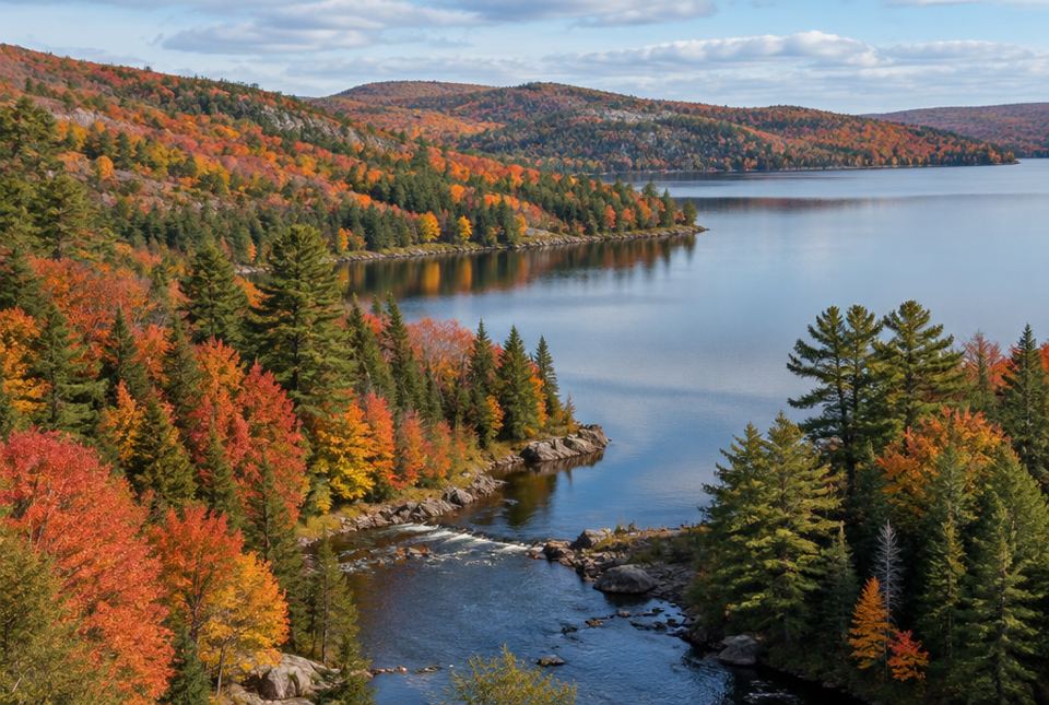 Hills covered in red, orange and green trees beside a lake, with a small river flowing into it.