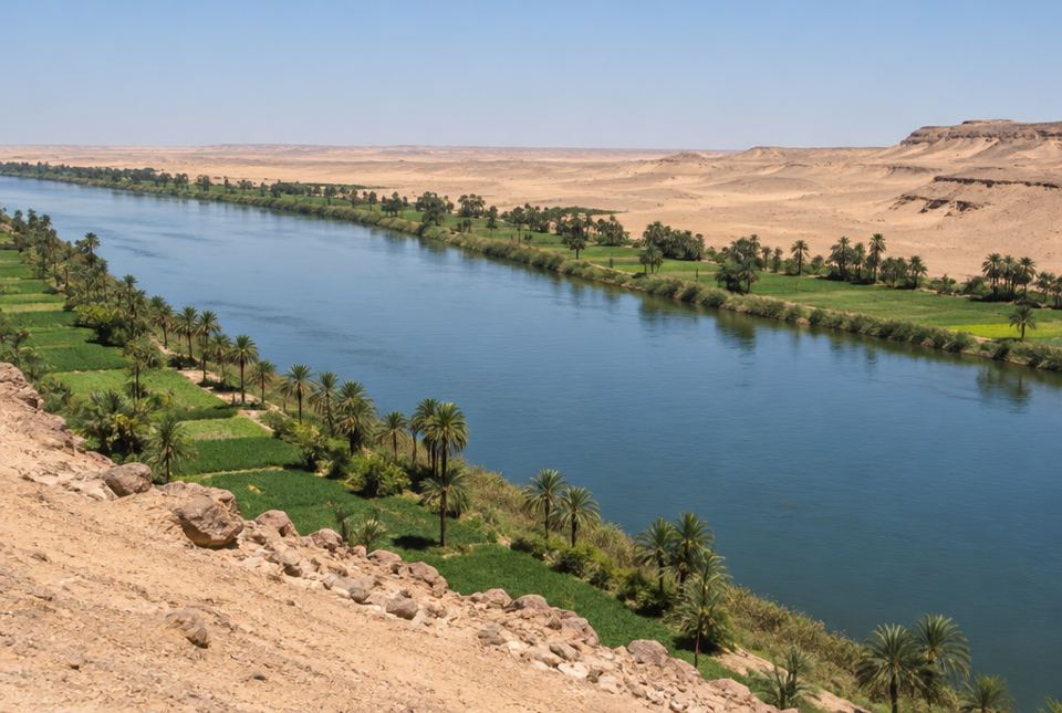 A wide blue river flowing through a dry desert, with green fields and palm trees growing only along its banks.