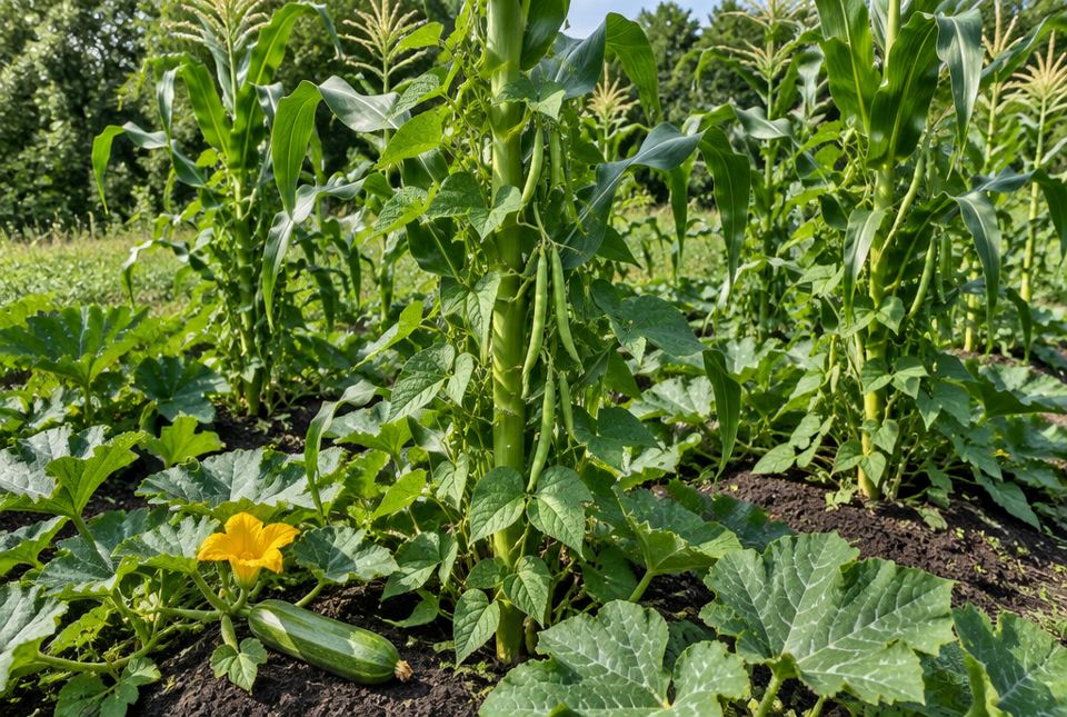 A garden where bean vines climb up tall corn stalks and big squash leaves, a yellow squash flower and a green squash spread over the ground.