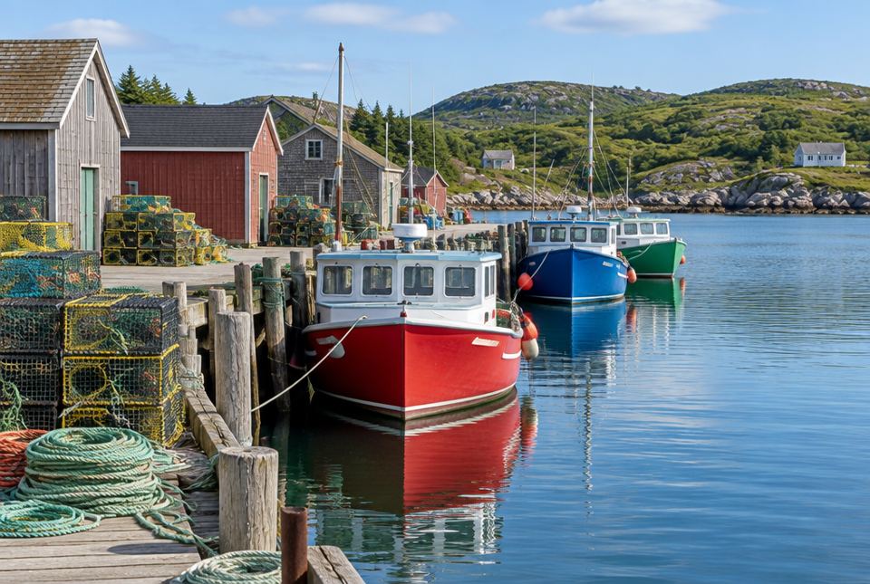Colourful fishing boats tied to a wooden wharf, with stacks of lobster traps, coils of rope and wooden sheds, and low green hills behind.