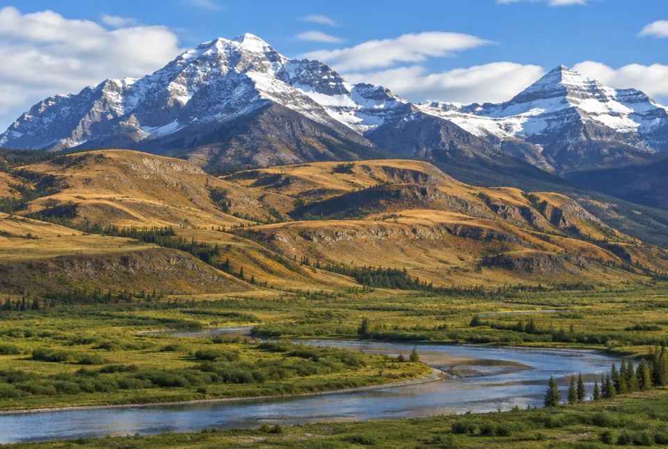 A low green river valley in front, golden grassy hills in the middle, and tall snow-capped mountains at the back.