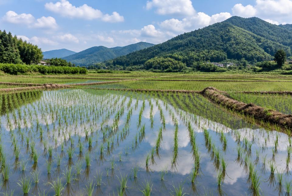 Flooded rice fields with rows of young green rice plants growing in shallow water, with green hills behind.