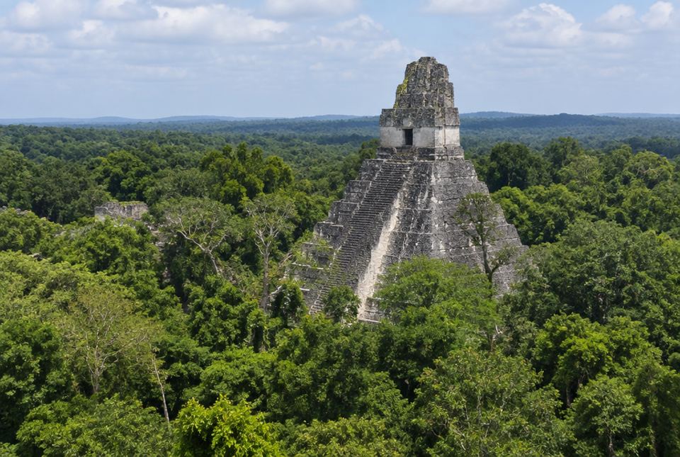 A tall, steep stone pyramid temple with a small temple on top, rising above a thick green rainforest.