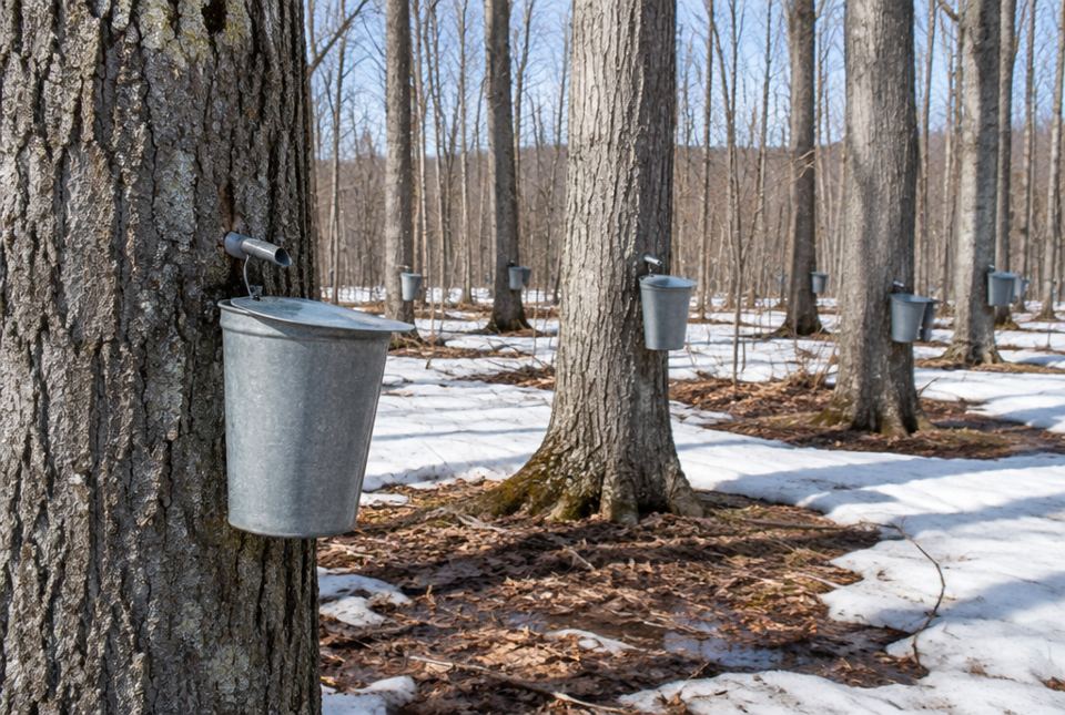 Maple trees in a snowy spring forest, each with a metal spout and a metal bucket hanging on its trunk to collect sap.