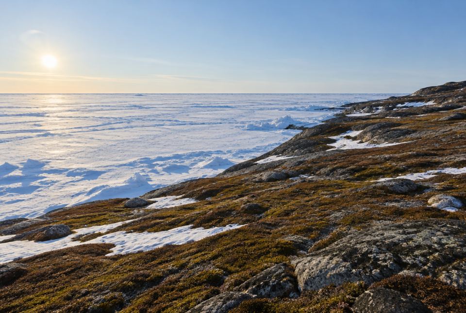 A treeless rocky Arctic shore covered with low moss and patches of snow, beside an ocean covered in flat white sea ice.