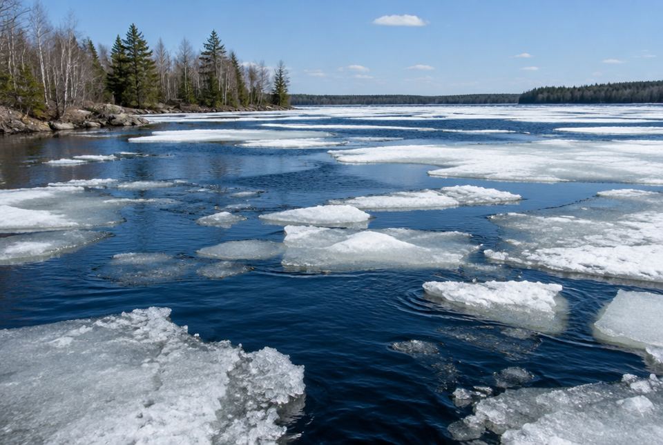 Pieces of broken lake ice floating and drifting apart on dark blue water in spring.