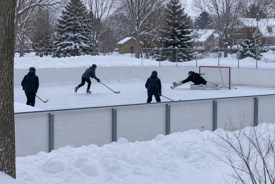 Players on an outdoor hockey rink in winter, one reaching for the puck while the goalie dives across the net.