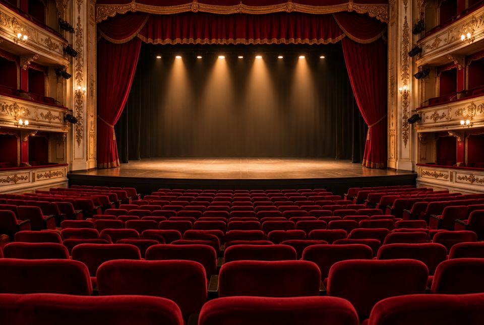 An empty theatre with rows of red seats facing a lit stage with open red curtains.