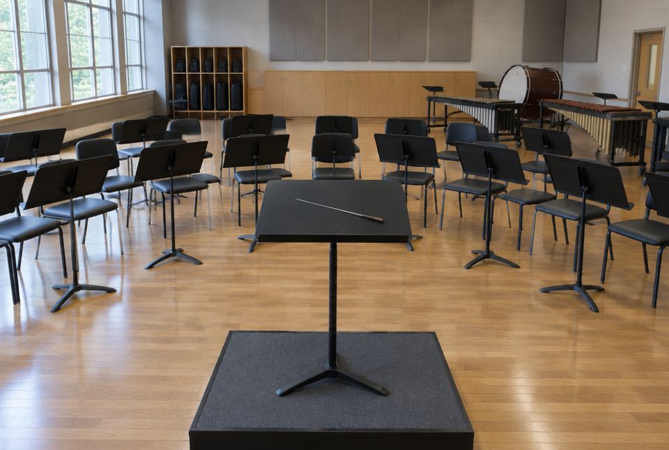 An empty school music room with chairs and music stands in a semicircle facing a conductor's podium with a baton on its stand.