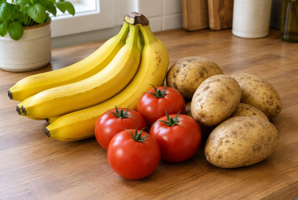 A bunch of yellow bananas, red tomatoes and brown potatoes on a kitchen counter.