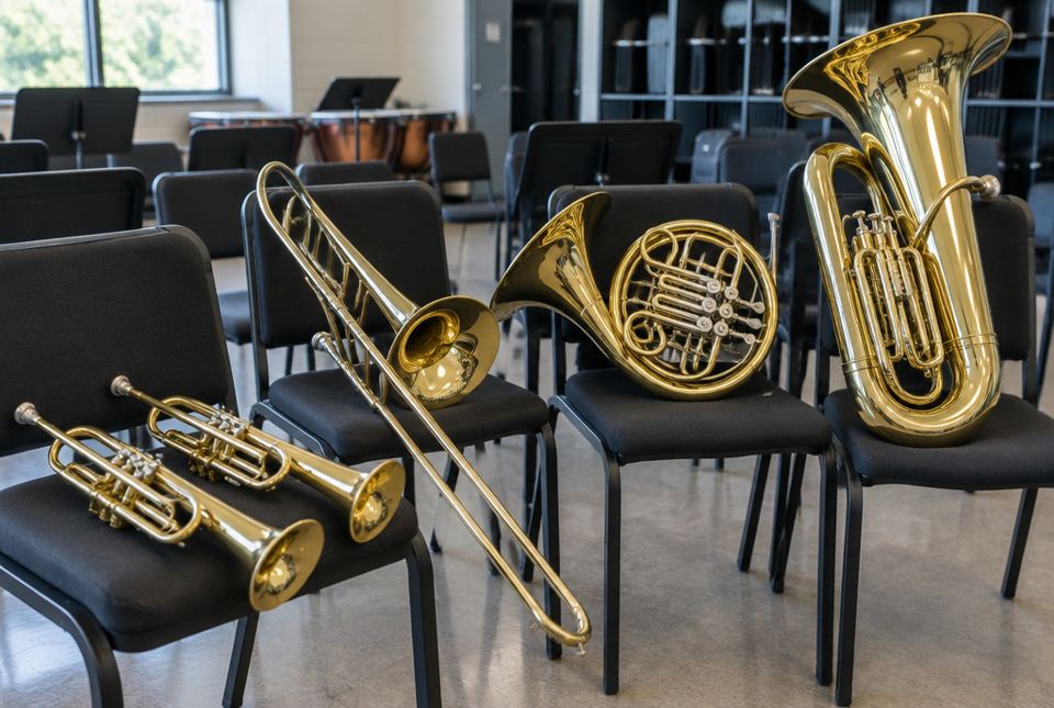 Two trumpets, a trombone, a French horn and a tuba resting on chairs in a school band room.