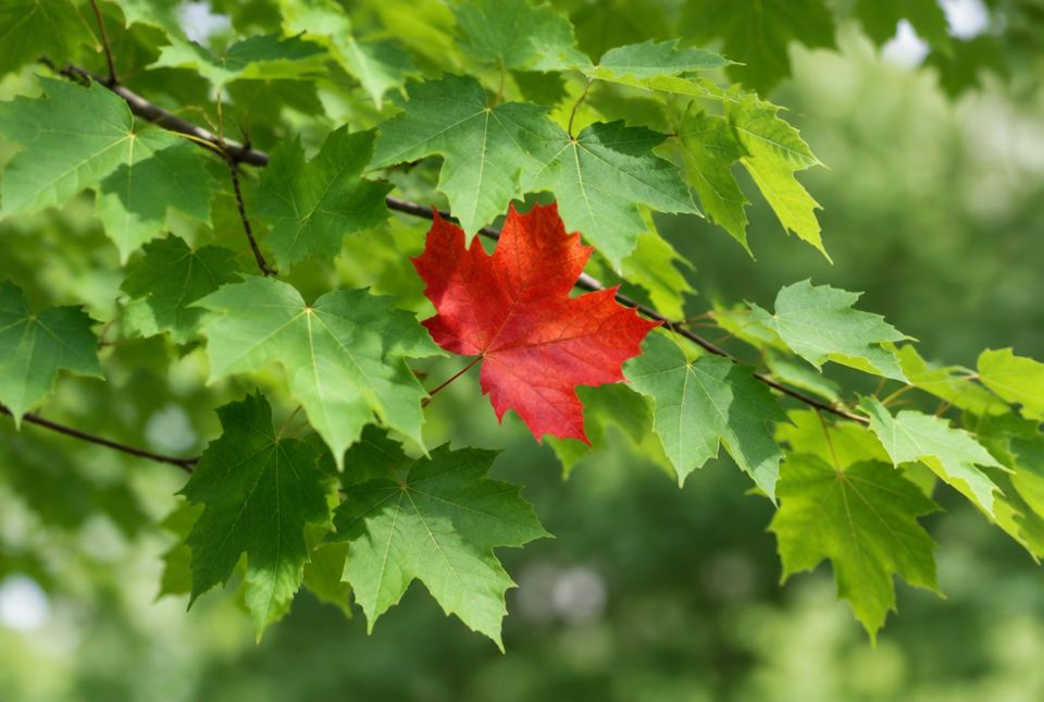 One bright red maple leaf among many green maple leaves on a branch.