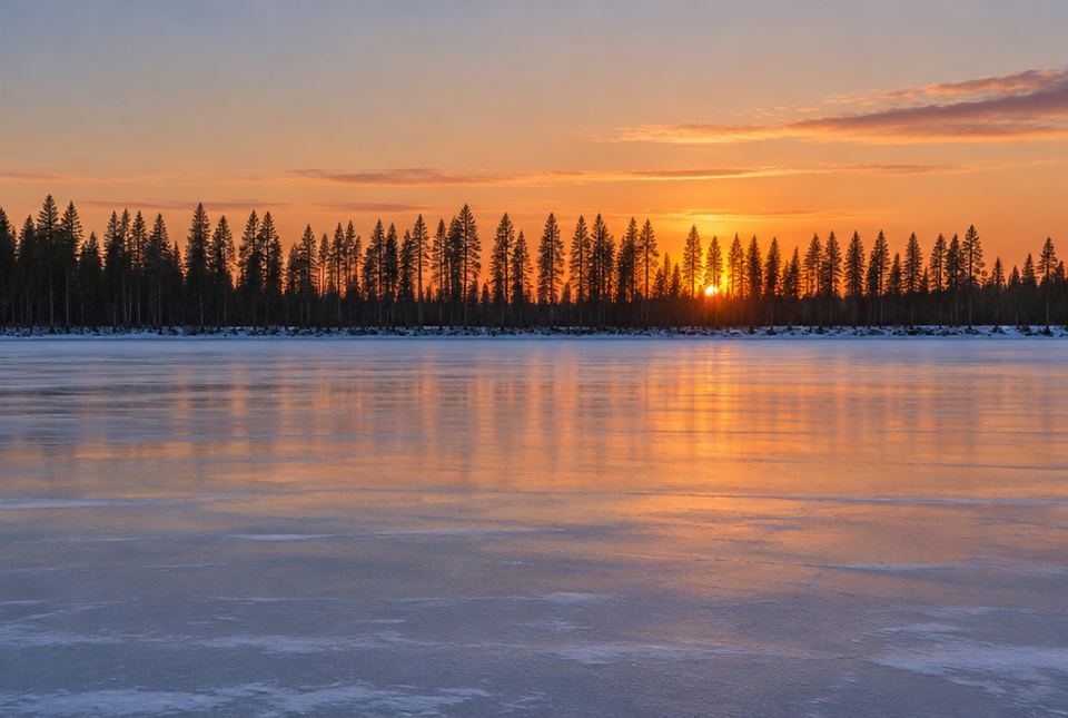 A flat frozen lake at sunset with a row of tall pine trees along the far shore.