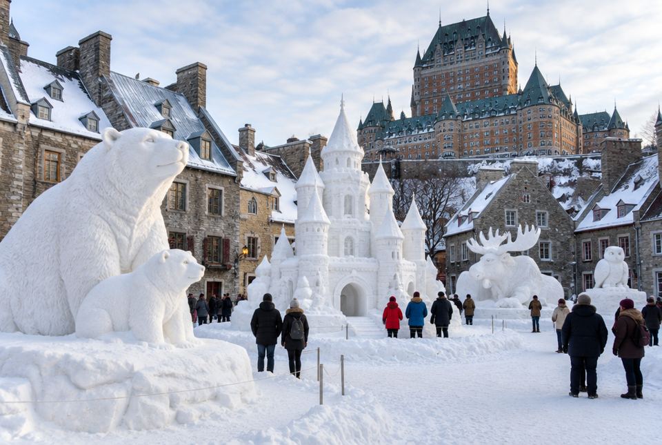 Large snow sculptures of polar bears, a castle and a moose in front of old stone buildings in Quebec City in winter.