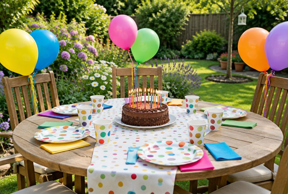 A garden party table with a chocolate birthday cake, colourful plates and balloons.