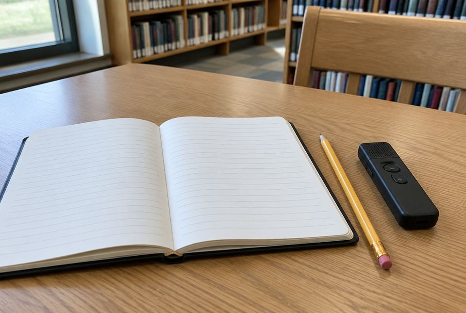 An open notebook with blank lined pages, a pencil and a small voice recorder on a library table.