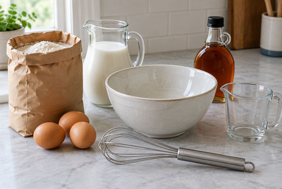 Flour, three eggs, a jug of milk, a bowl, a whisk, a measuring cup and maple syrup on a kitchen counter.
