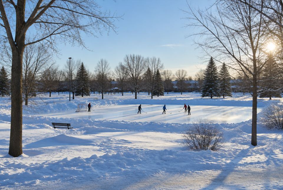 A few people playing hockey on an outdoor rink in a snowy park.